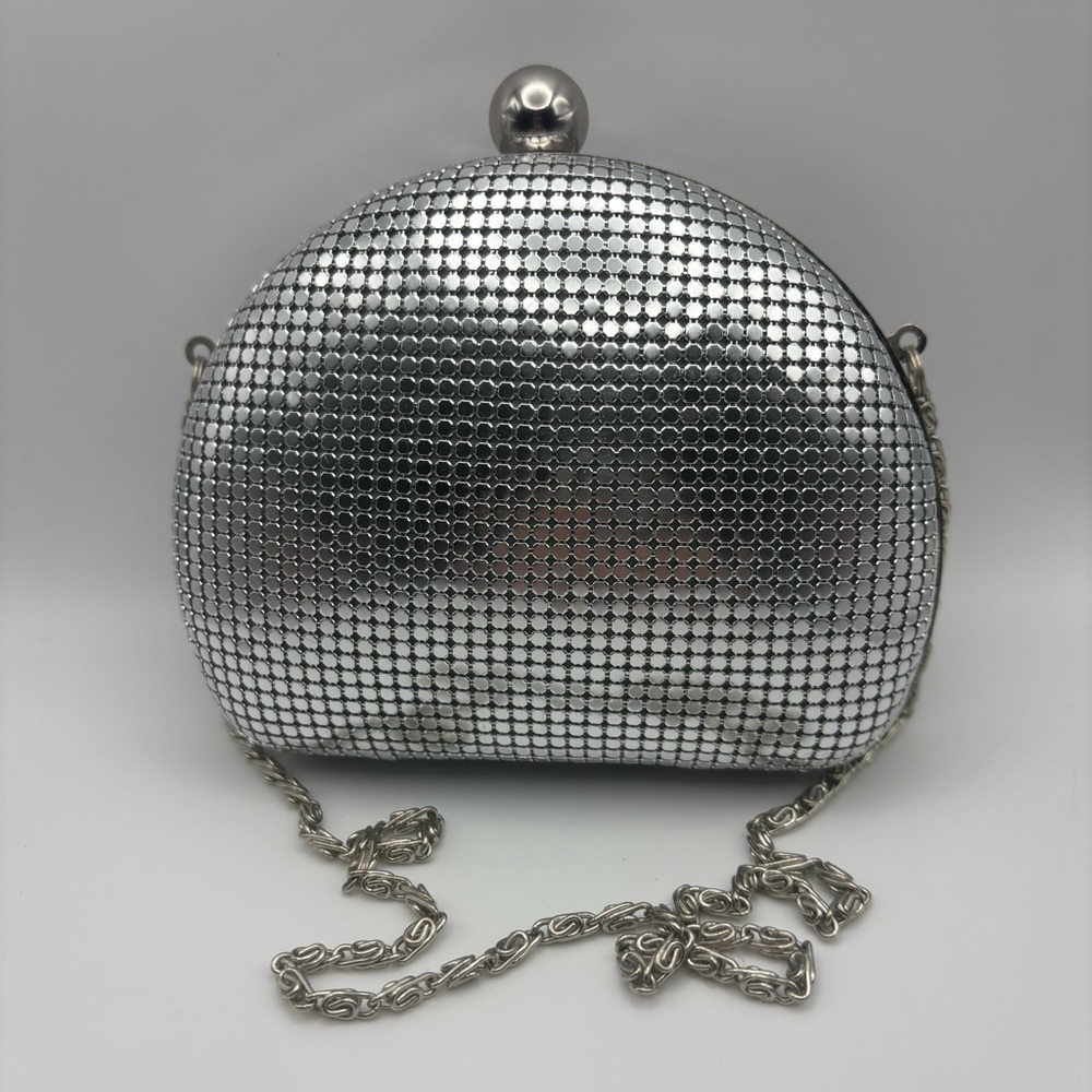 Kate Landry Silver Aluminum Chainmail Metal Mesh Clutch Bag with Chain Strap